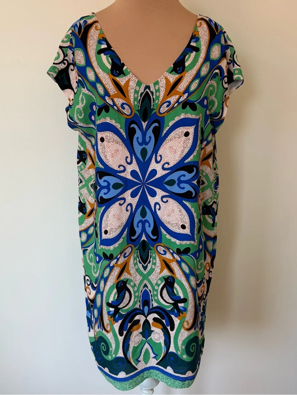 Anthropologie Maeve Folksong Green Blue Multi Paisley V-Neck Shift Dress EUC XS